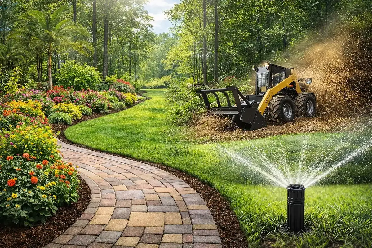 Landscaping, pavers, forestry mulching, and irrigation services by CnC Landscapes Florida landscaping, paver walkway, forestry mulching, and sprinkler services